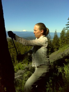 Coring a Ponderosa pine with Mt. Rainier in the background, fieldwork 2011.